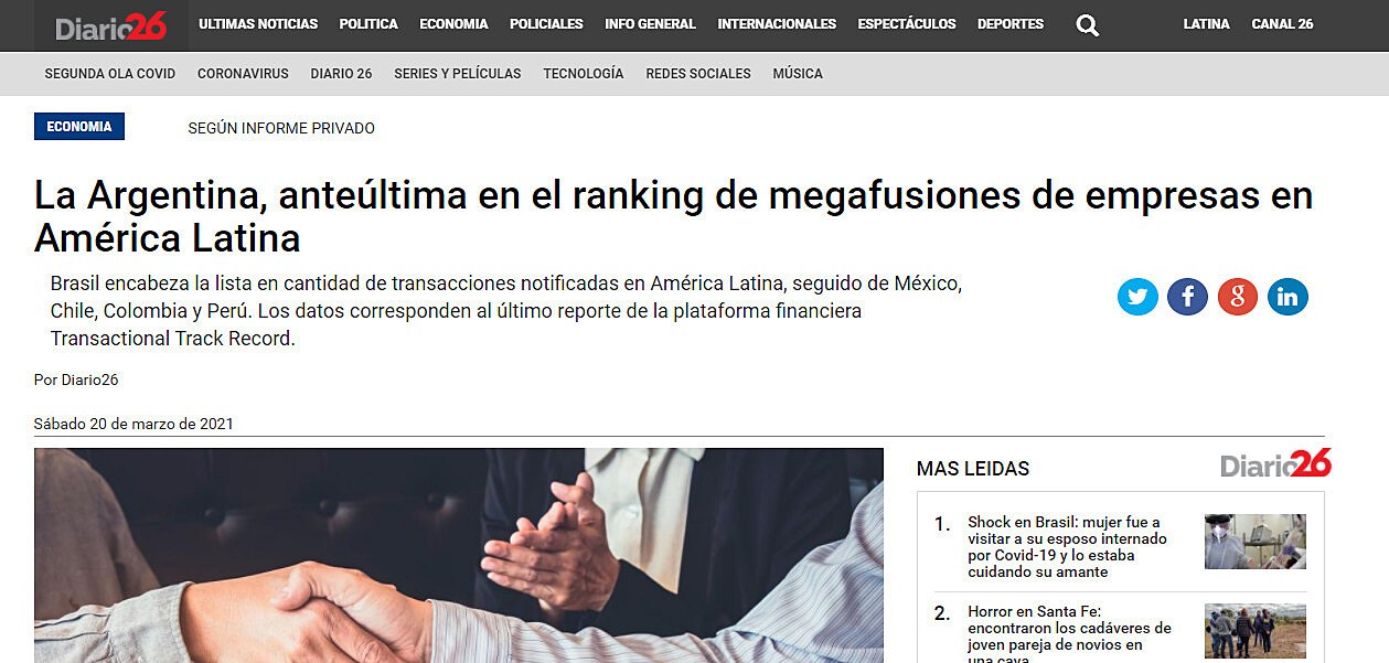 La Argentina, anteltima en el ranking de megafusiones de empresas en la regin